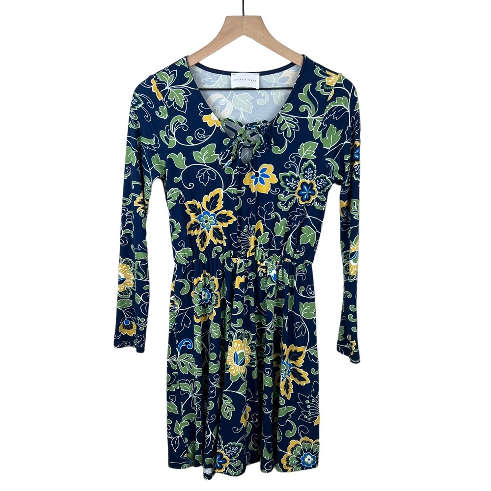 French Grey Women‎ Small Fit & Flare Dress Navy Blue Floral Lace Up Long Sleeve